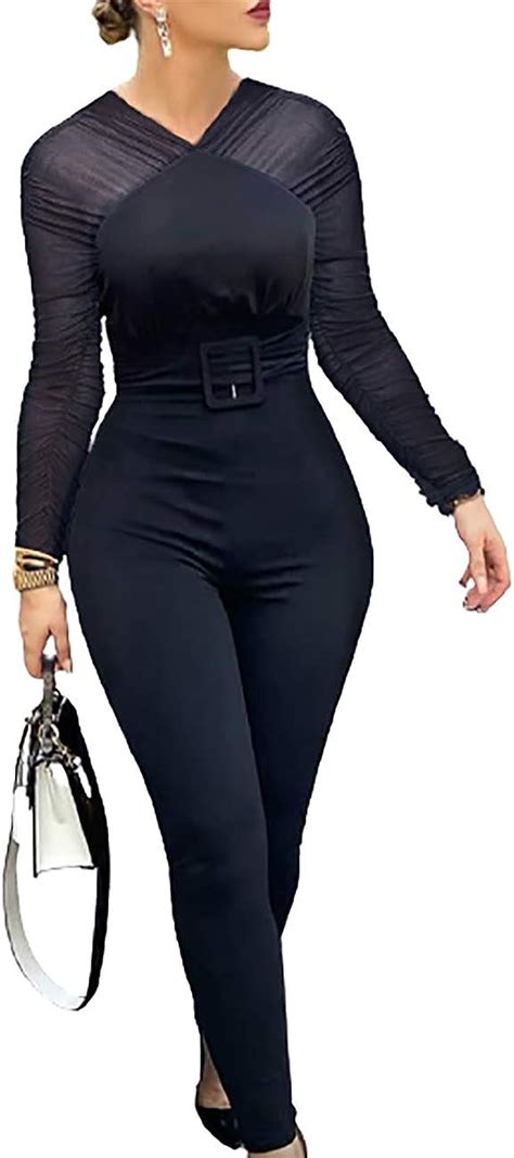 Chicme Womens Long Sleeve Jumpsuit Solid Sexy Sheer Mesh Casual Long