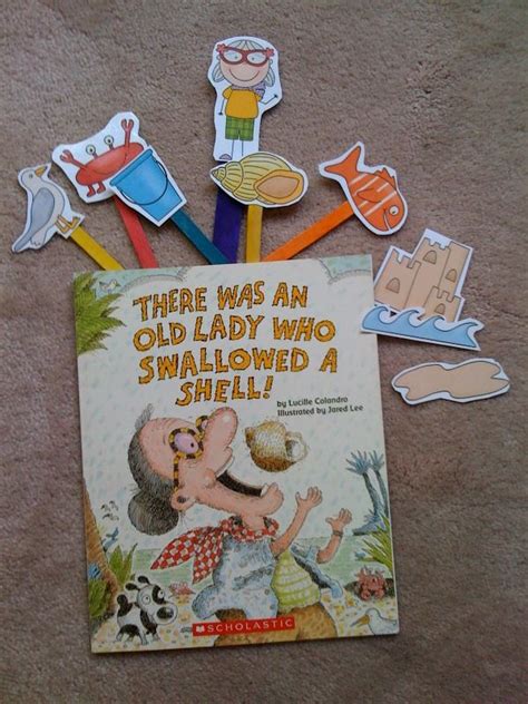 there was an old lady who swallowed a shell book surrounded by stickers