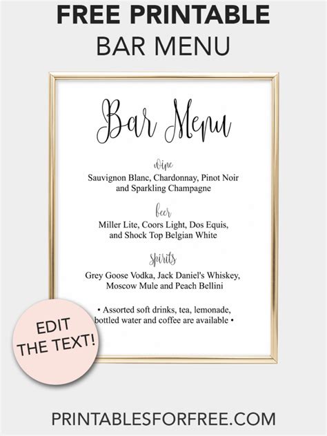 classically printable bar menu printables   wedding bar menu