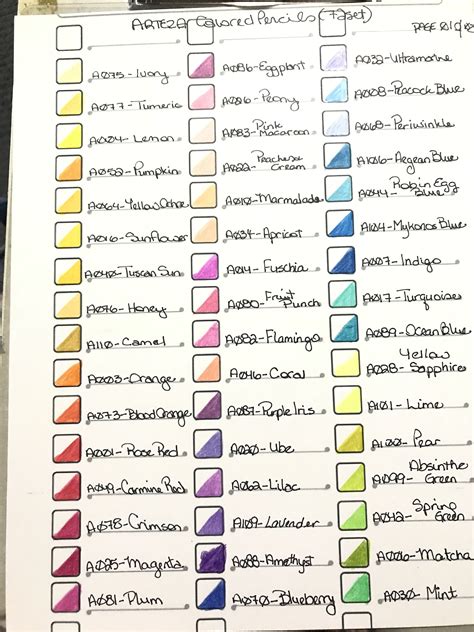 arteza colored pencils  color chart