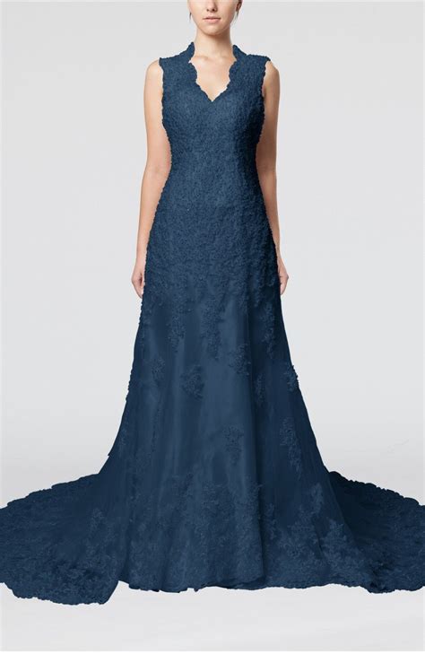 navy blue wedding dress gorgeous outdoor column scalloped edge sleeveless lace up beaded