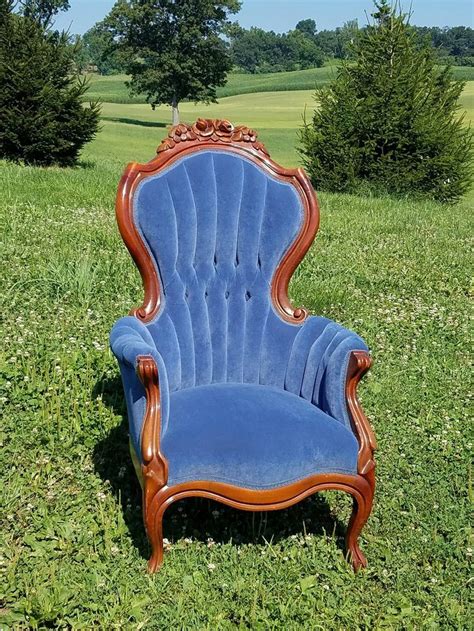 Elegant Victorian Chair With Cobalt Blue Velvet Upholstery