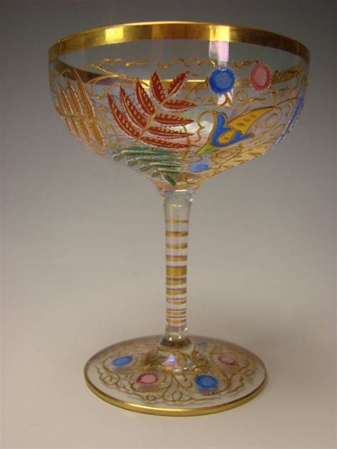 Moser Enamel Wine Glass Bohemian Colorful Enameled Fern Design Stem
