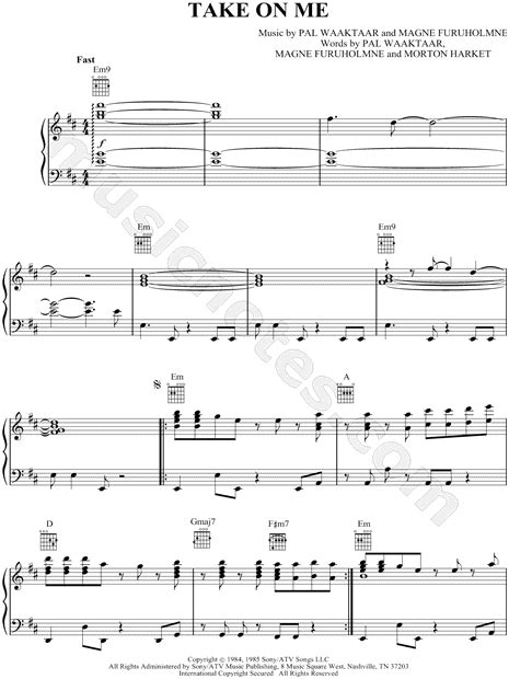 a ha take on me sheet music in b minor transposable download