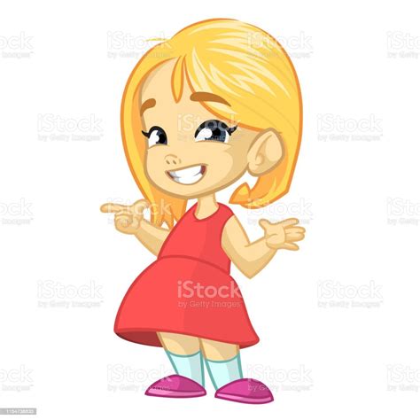 귀여운 행복 한 만화 금발 소녀 일러스트 레이 션 가리키기에 대한 스톡 벡터 아트 및 기타 이미지 가리키기 갈색 갈색