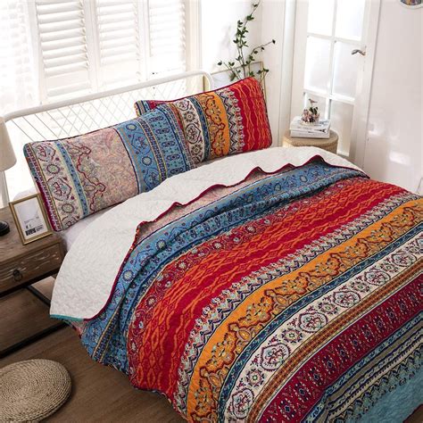 Bohemian Quilt Set King Boho Striped Pattern Printed Bedding Quilt