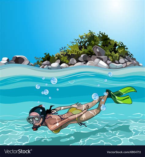 Cartoon Woman With Flippers Dived Under Water Vector By