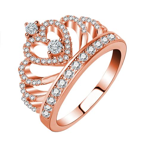 luxury female crown ring zircon rose gold color engagement