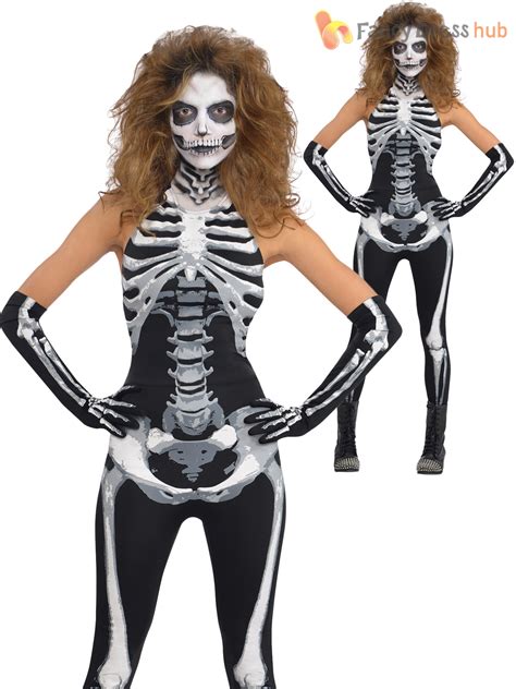 ladies skeleton catsuit costume halloween fancy dress jumpsuit adult womens ebay