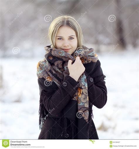 Beautiful Russian Woman At Winter Nature Stock Image