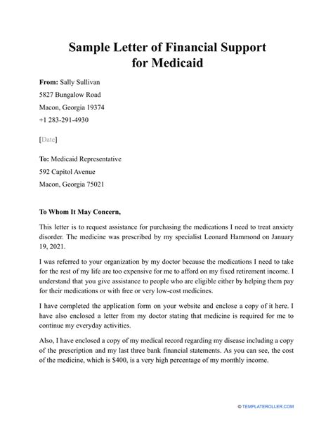 sample letter  financial support  medicaid  printable