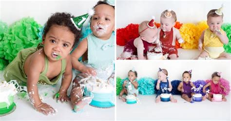 Two Sets Of Quadruplets Smash Cakes In First Birthday Themed Photoshoot