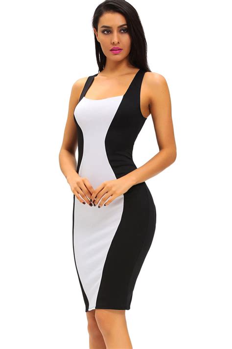 Black White Sleeveless Lace Up Sexy Bodycon Dress 029831