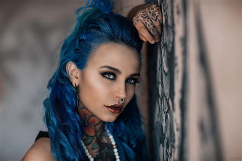 Sexy Slim Tattooed Pierced Hazel Eyes Long Haired Blue Hair Teen Girl
