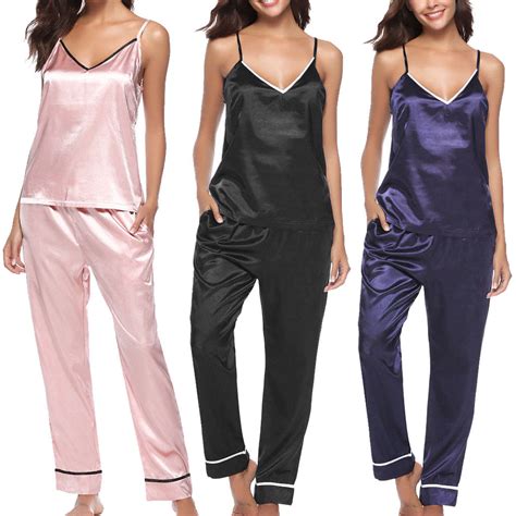 women lady silk satin pajamas set pyjama sleepwear nightwear loungewear