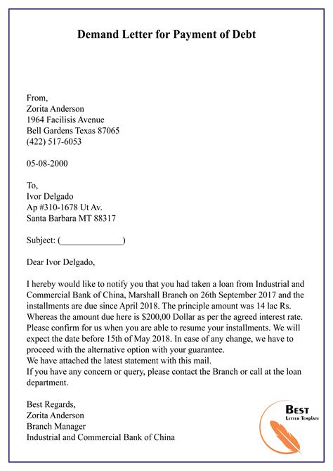 demand letter  payment  debt   letter template