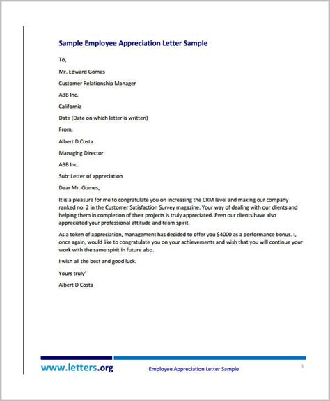 appreciation letter templates  employee