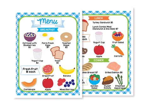 printable healthy restaurant menu pretend play kit kids etsy