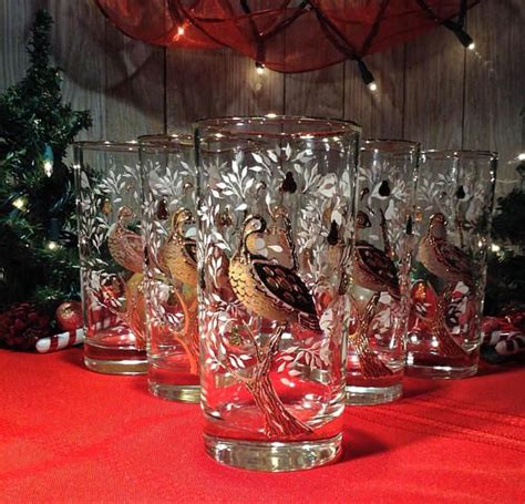 Gold Christmas Glasses 6 Vintage Libbey Crown Partridge In