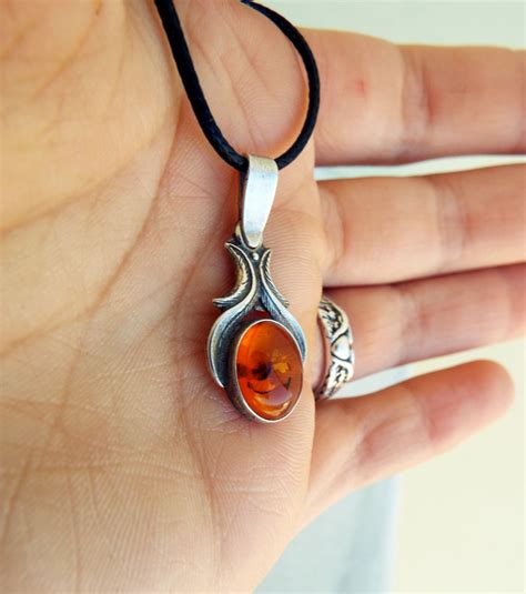 amber pendant silver gemstone necklace sterling  handmade gothic