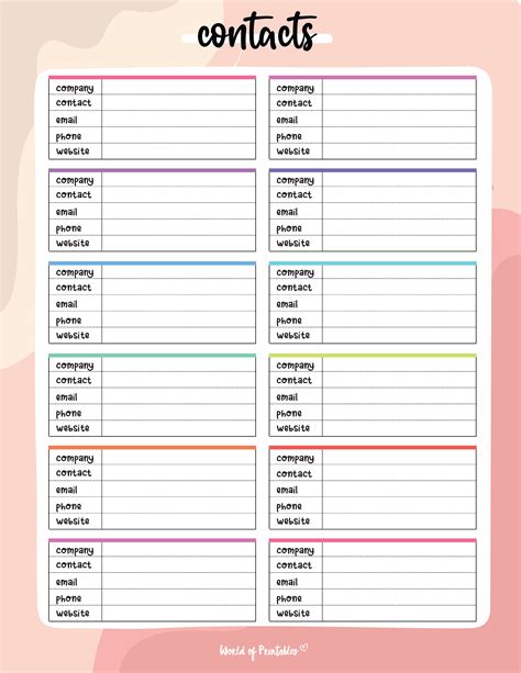 printable cute contact list template