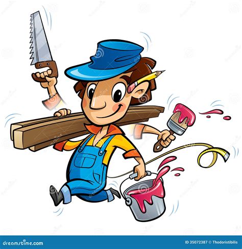 busy cartoon carpenter character      time stock illustration