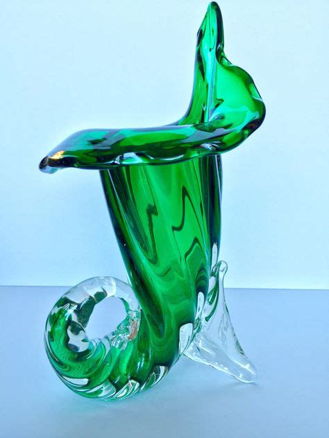 Vintage Emerald Green Murano Italian Art Glass Vase Cornucopia Jack