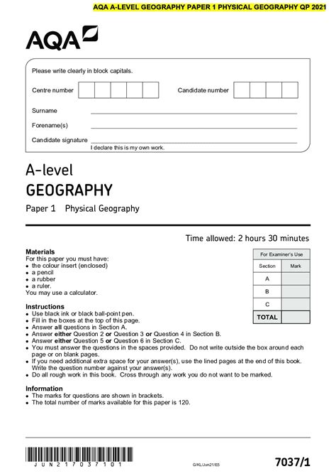aqa  level geography paper  physical geography qp  browsegrades