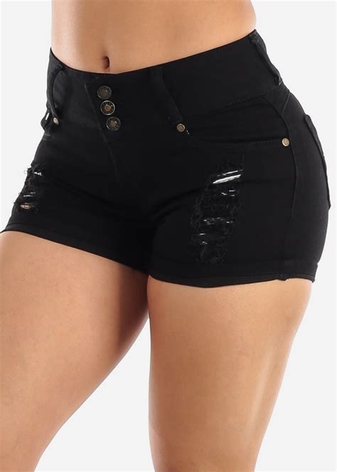 moda xpress womens mid rise denim shorts black butt lifting ripped