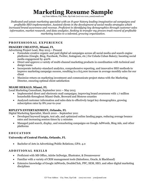 marketing resume sample writing tips resume companion