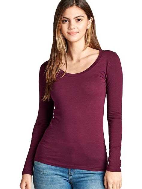 womens long sleeve scoop neck fitted cotton top basic  shirts  size  fast