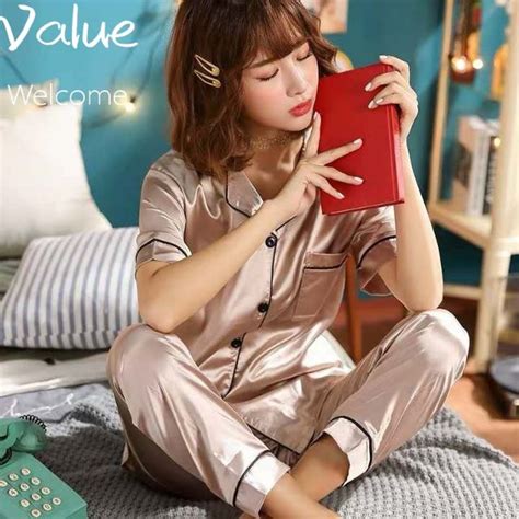 Korean Silk Short Sleeve Plain Comfortable Pajamas Nightwear Loungewear