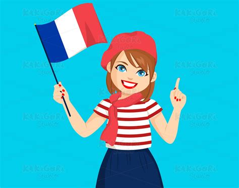 french woman holding france flag clipart vector illustration 05485