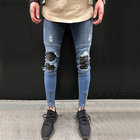 Helisopus Punk Style Distressed Jeans Men Slim Denim Straight Skinny
