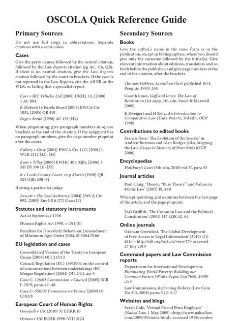 oscola quick reference guide primary sources secondary sources case