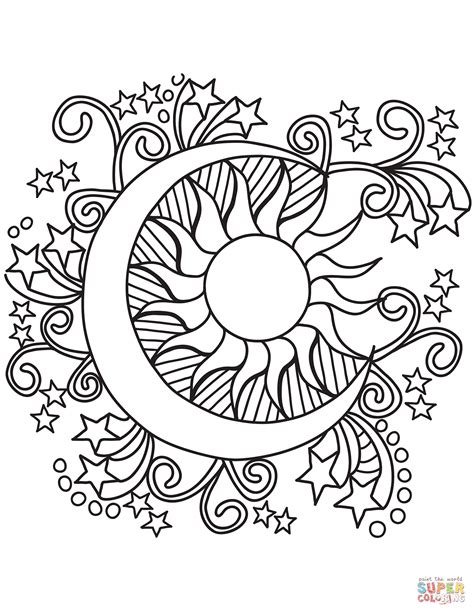 pop art sun moon  stars coloring page  printable coloring