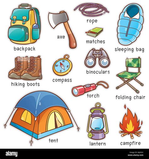 vector illustration  cartoon camping equipment vocabulary stock