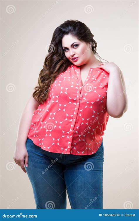 Happy Plus Size Fashion Model In Casual Clothes Cheerful Fat Woman On