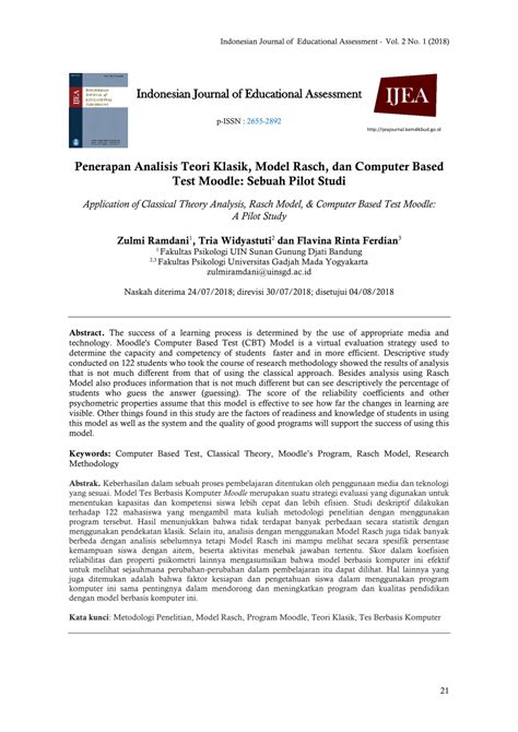 pdf penerapan analisis teori klasik model rasch dan computer based test moodle sebuah pilot