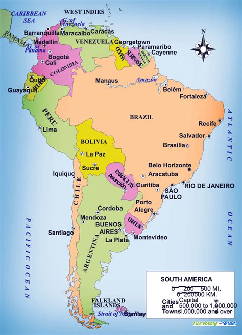 large political map  south america  roads major cities