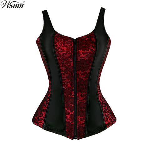 sexy lace up overbust corset vest with straps flower print zip brocade