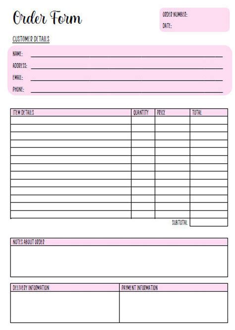order form template printable printable form templates  letter