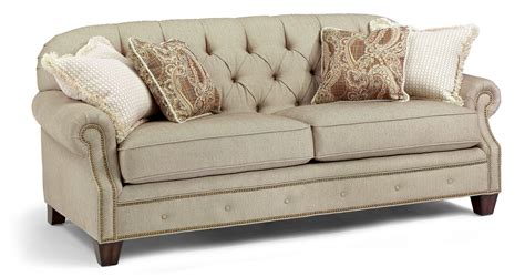 champion transitional button tufted sofa  rolled arms  nailheads  flexsteel tufted