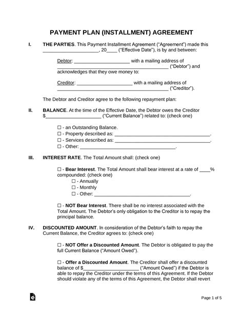 payment agreement template word  eforms