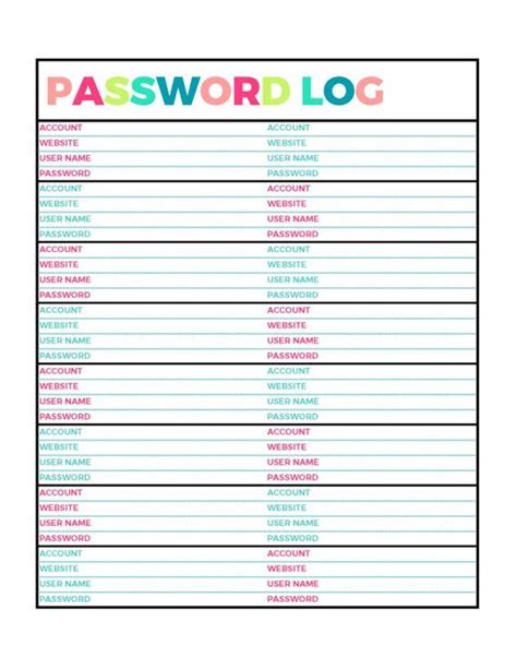bright password log printable page letter size  home binder