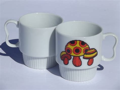 magic mushrooms  vintage ceramic cups  poison spotted toadstools