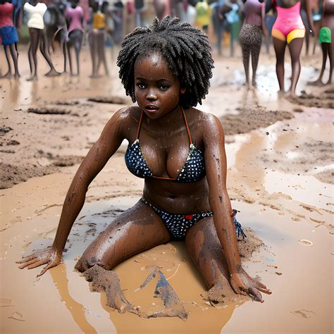 Beautiful Bikini Black Woman Playing In A Mud Puddle In Africa