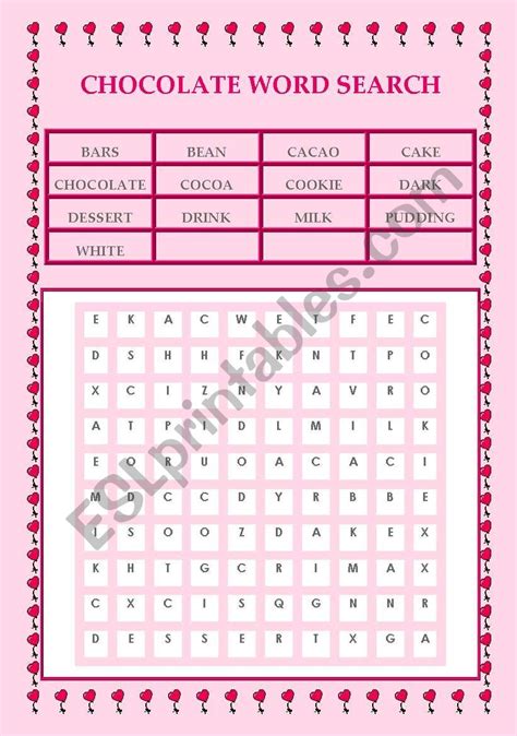 english worksheets chocolate word search