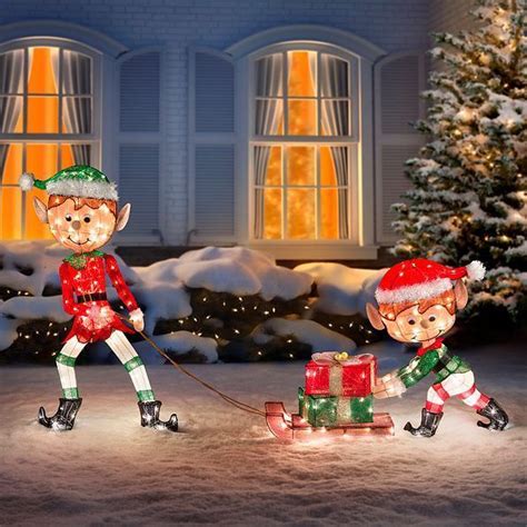 outdoor lighted tinsel 3 piece christmas elves pulling