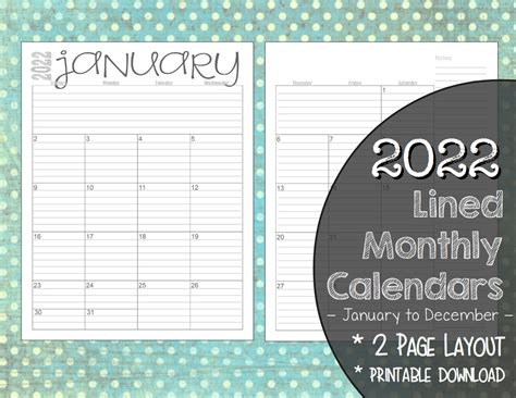 2022 Monthly 2 Page Lined Calendars 8 5x11 Jan Dec Etsy